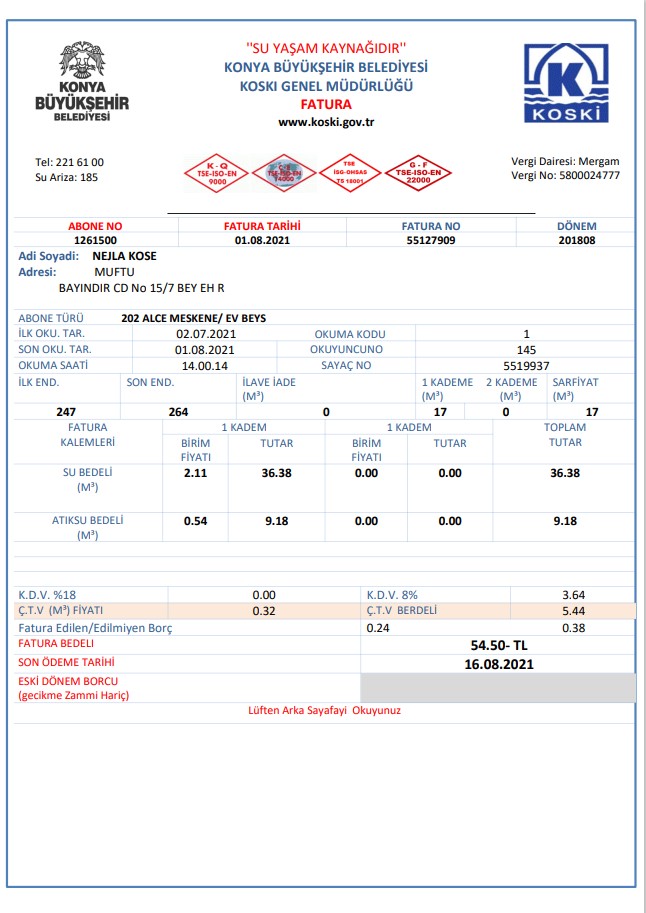 Turkey water utility bill template in Word and PDF format